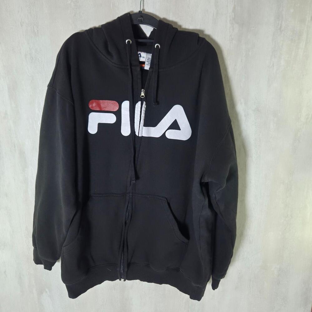 FILA Hoodie Mens 2XL Black Full Zip Fleece Logo Hooded Sweatshirt Athletic